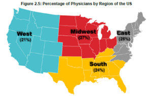 A diagram of the location of physicians across the United States,